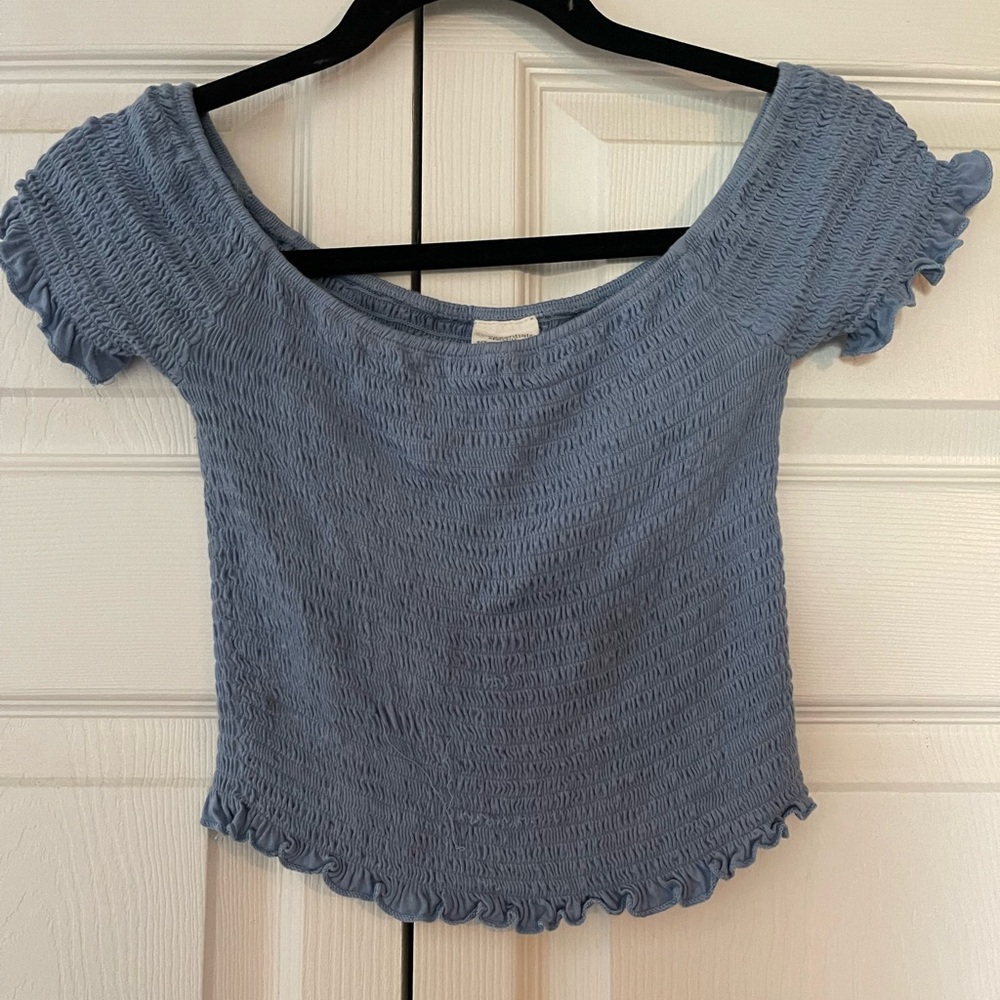 Blue Ruffle Off the Shoulder Top- Essentials By Full Tilt